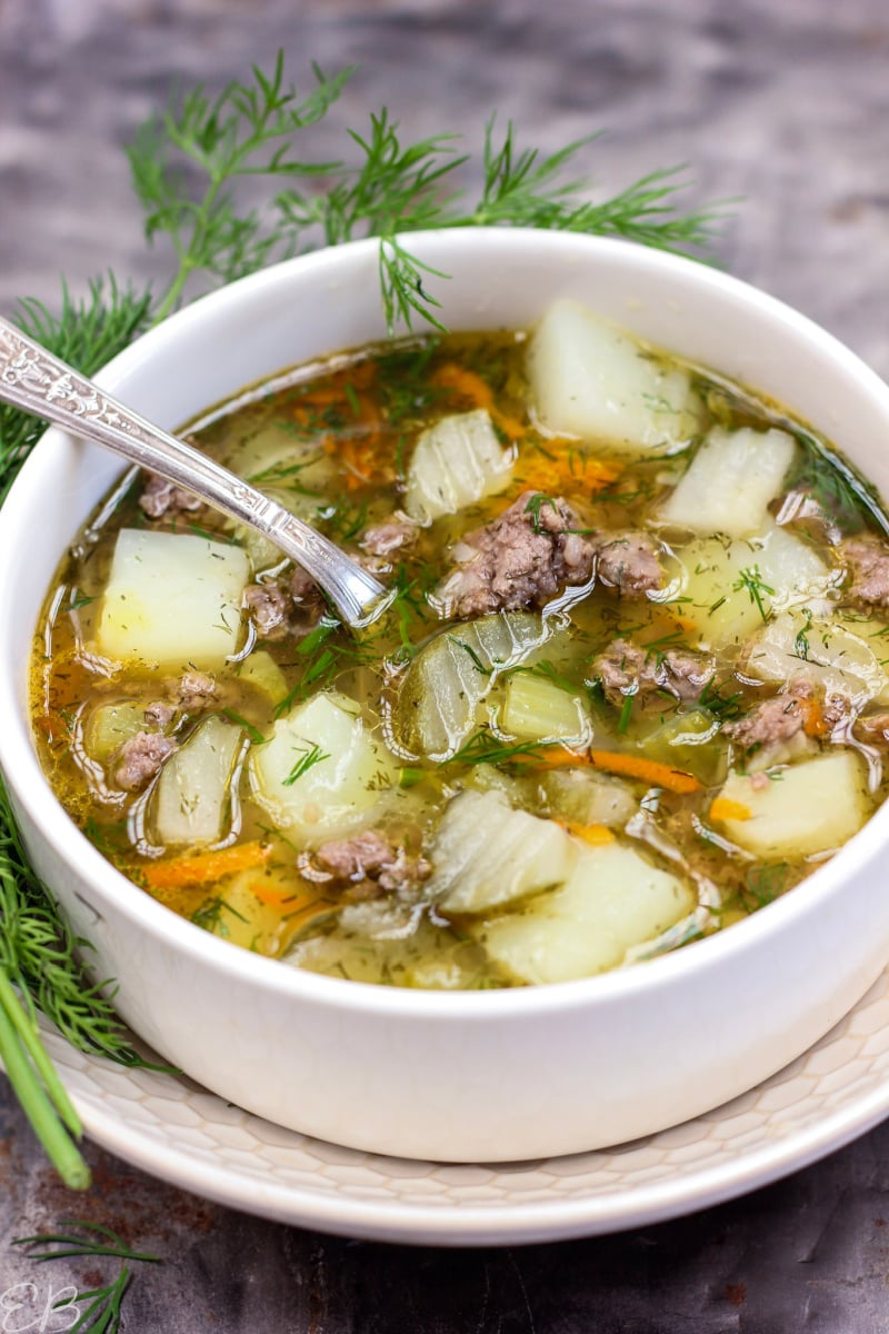 Dill Pickle-Ground Beef Soup (Dairy-free, Gluten-free, Paleo, AIP, Whole30)