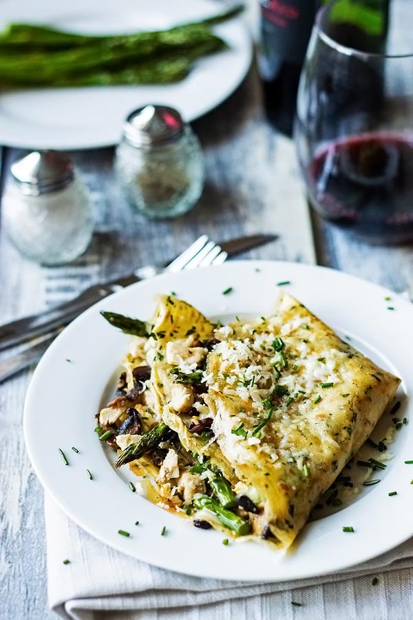 Gluten Free Chicken Crepes with Asparagus, Mushrooms and Gruyere