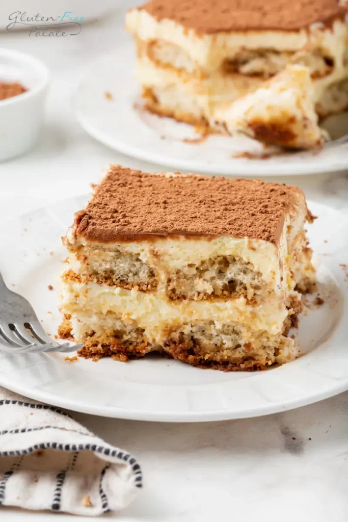 A perfect portion of gluten-free tiramisu dusted with cocoa powder, made with gluten-free ladyfingers soaked in coffee