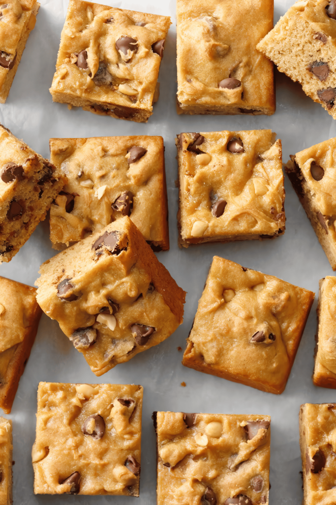 Thick and chewy gluten-free peanut butter blondies with chocolate chip studded top