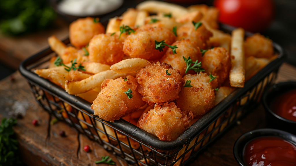 a photo showing fries and chicken nuggets in a fryer basket on a cutting board
Fries and chicken nuggets are just some of the items that are easy to find gluten-free