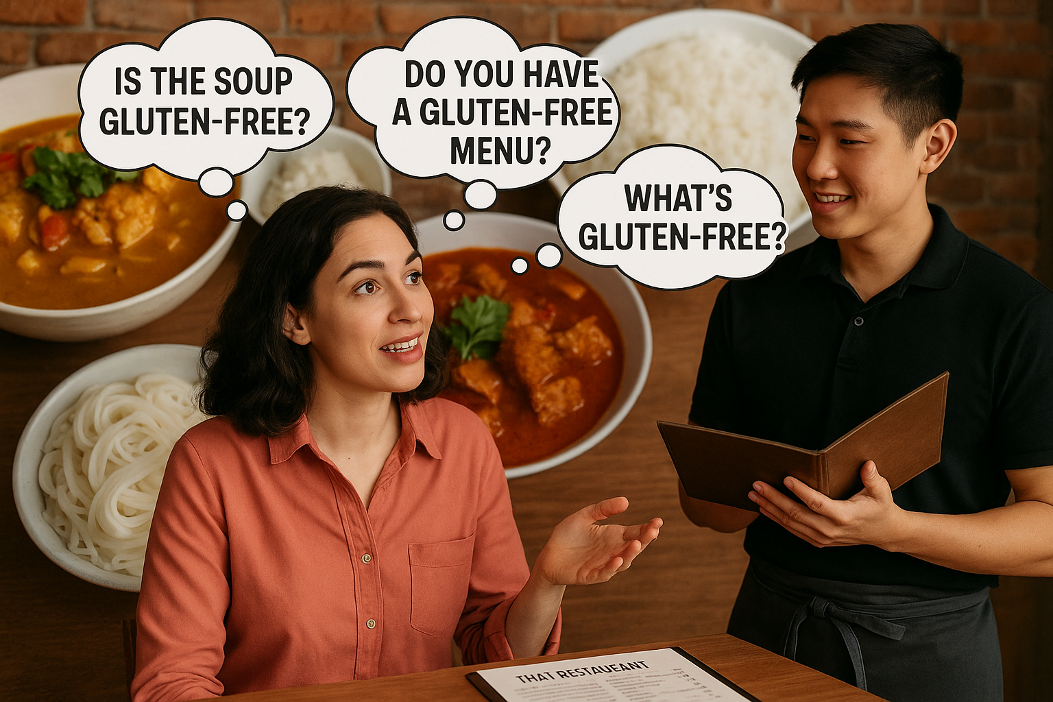 person at a Thai restaurant confidently speaking with a server